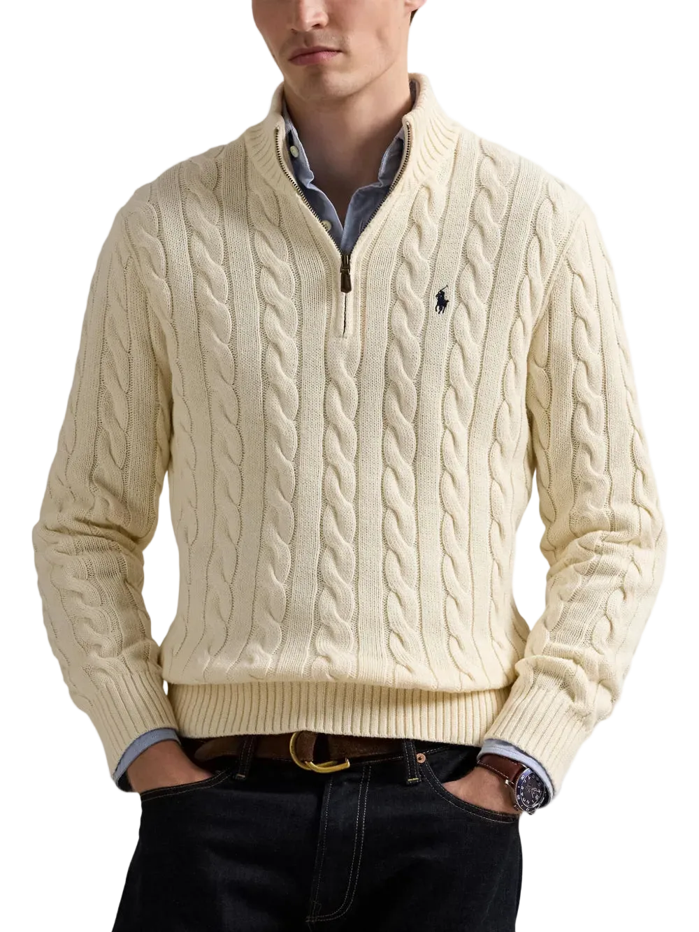 Suéter Polo Ralph Lauren Tejido de Ochos Cierre 1/4 Beige